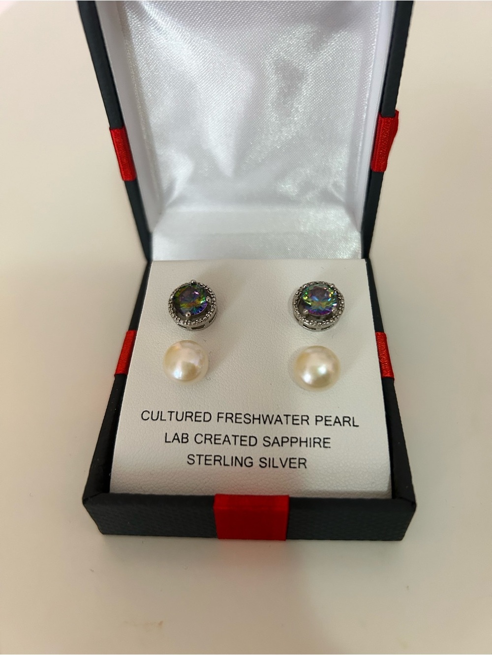 Sterling Silver Cultured Freshwater Pearl and Mystic Sapphire Stud Earring Set